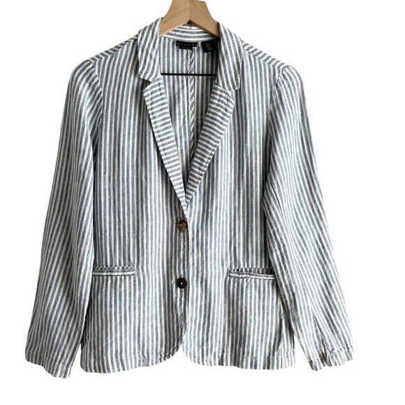 Tahari‎ 100% Linen Striped Blazer Two-Button Front in White & Blue, Small - Picture 1 of 10